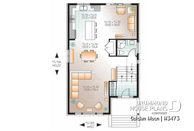 1st level - Contemporary narrow lot house plan, under building parking, family and living room, laundry on 2nd floor - Golden Moon