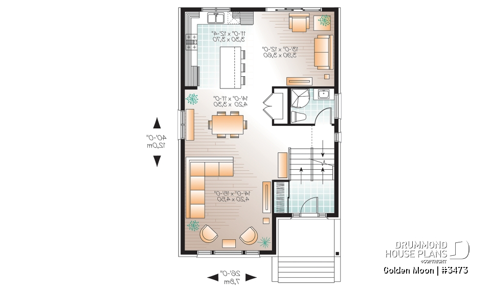 1st level - Contemporary narrow lot house plan, under building parking, family and living room, laundry on 2nd floor - Golden Moon