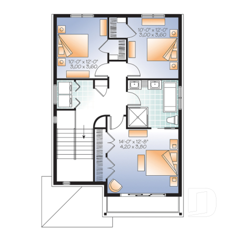2nd level - Contemporary narrow lot house plan, under building parking, family and living room, laundry on 2nd floor - Golden Moon