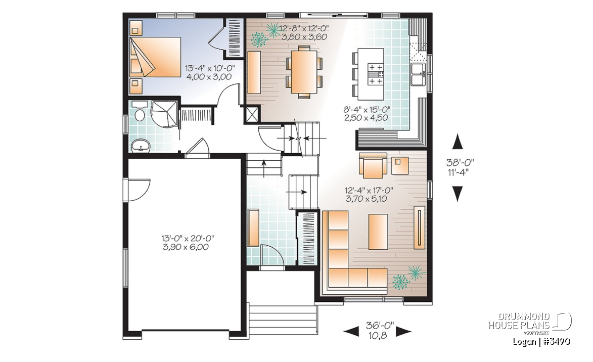 1st level - Contemporary 3 bedroom Split-level house plan, kitchen with large kitchen island and a garage - Logan