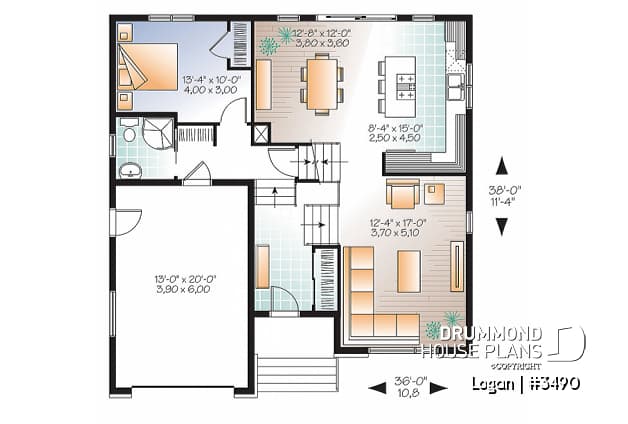 1st level - Contemporary 3 bedroom Split-level house plan, kitchen with large kitchen island and a garage - Logan