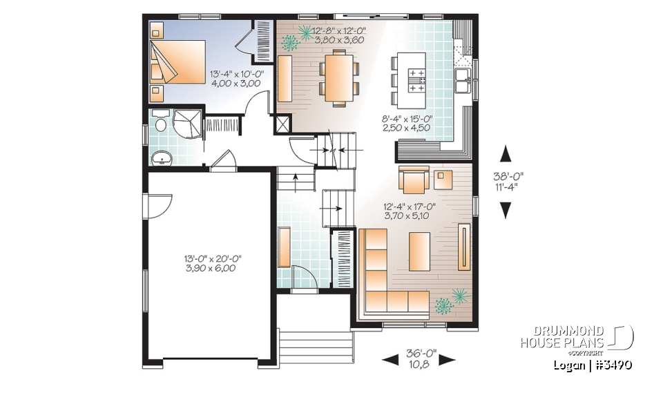 1st level - Contemporary 3 bedroom Split-level house plan, kitchen with large kitchen island and a garage - Logan