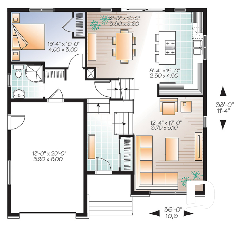 1st level - Contemporary 3 bedroom Split-level house plan, kitchen with large kitchen island and a garage - Logan