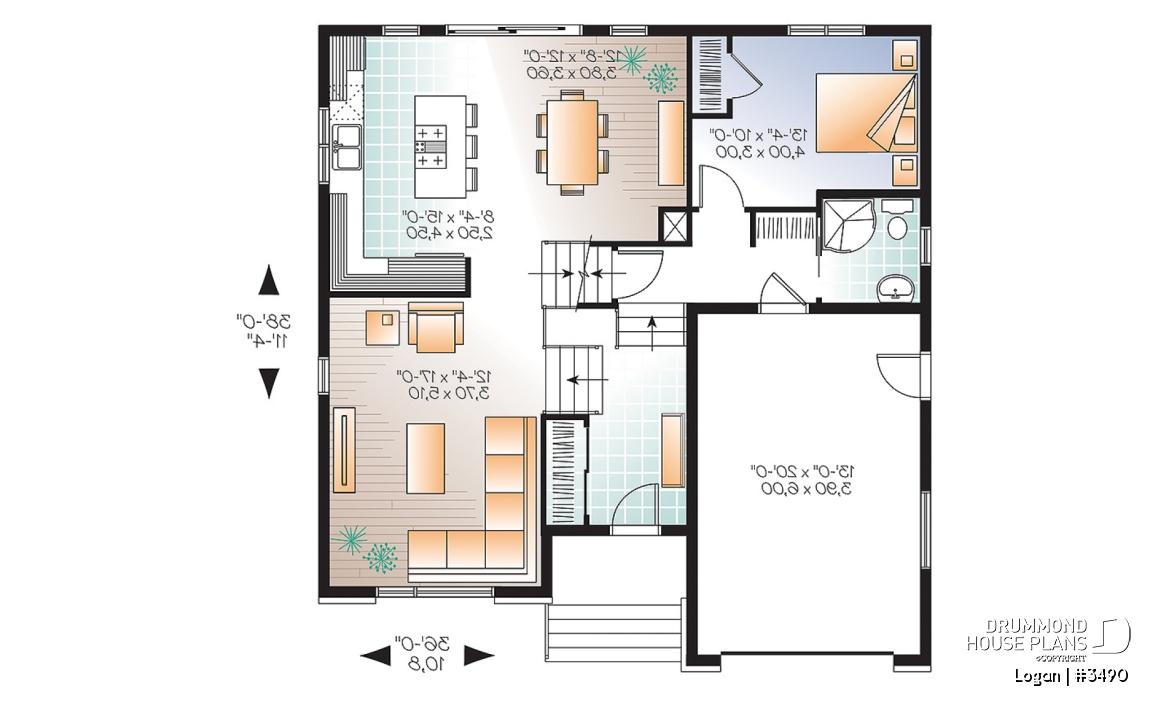 1st level - Contemporary 3 bedroom Split-level house plan, kitchen with large kitchen island and a garage - Logan