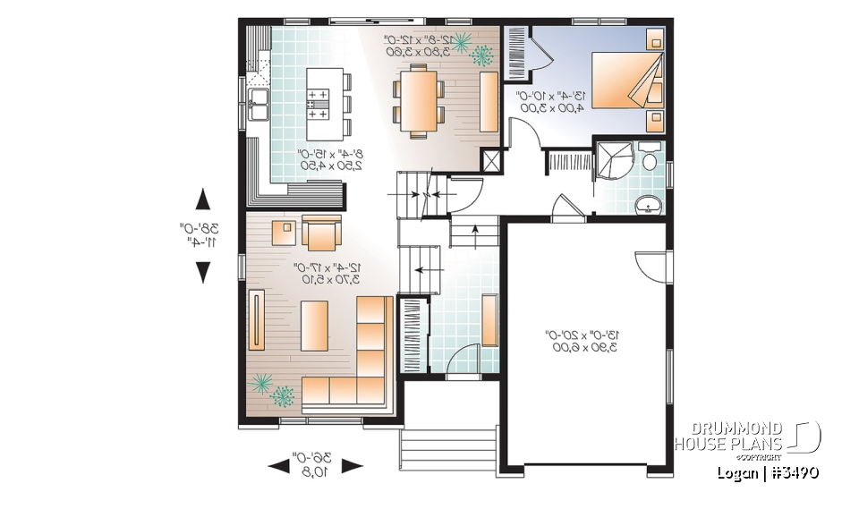 1st level - Contemporary 3 bedroom Split-level house plan, kitchen with large kitchen island and a garage - Logan