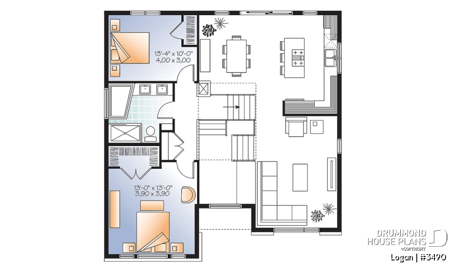 2nd level - Contemporary 3 bedroom Split-level house plan, kitchen with large kitchen island and a garage - Logan