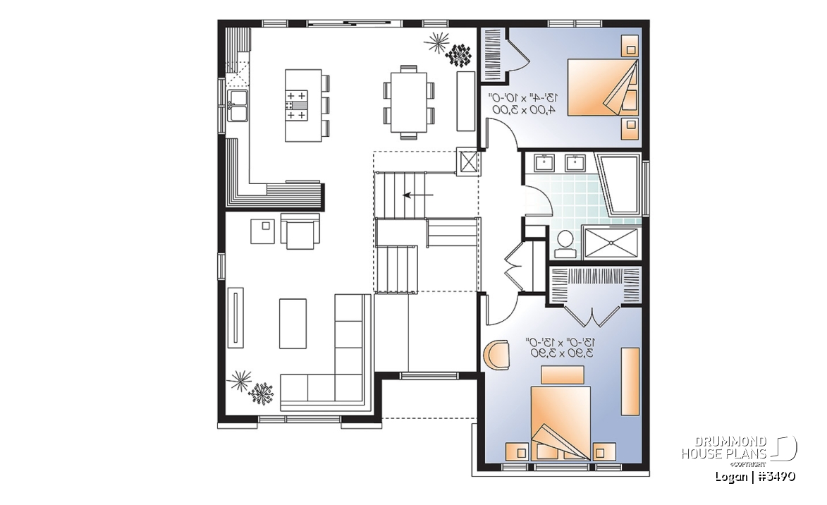 2nd level - Contemporary 3 bedroom Split-level house plan, kitchen with large kitchen island and a garage - Logan