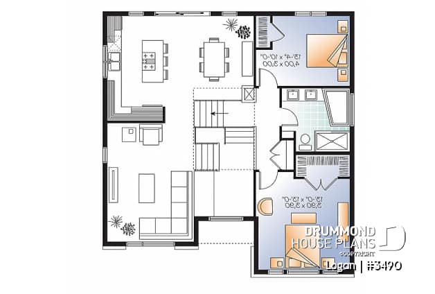 2nd level - Contemporary 3 bedroom Split-level house plan, kitchen with large kitchen island and a garage - Logan
