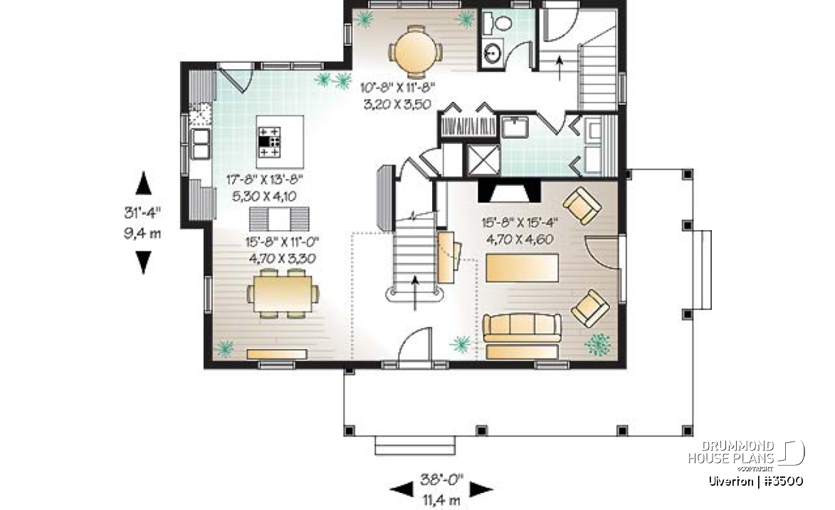 1st level - Country cottage house plan, great kitchen with breakfast nook, formal dining, beautiful staircase - Ulverton