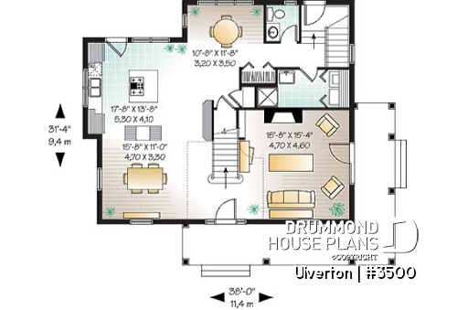 1st level - Country cottage house plan, great kitchen with breakfast nook, formal dining, beautiful staircase - Salzbourg