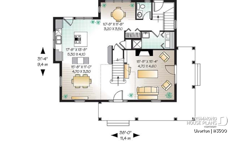 1st level - Country cottage house plan, great kitchen with breakfast nook, formal dining, beautiful staircase - Ulverton