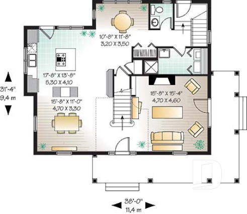 1st level - Country cottage house plan, great kitchen with breakfast nook, formal dining, beautiful staircase - Ulverton