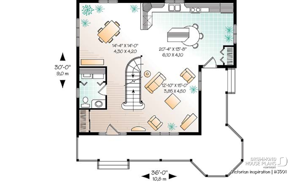 1st level - Country style two-story home plan, 3 bedrooms, great porch, laundry room on main floor - Victorian inspiration