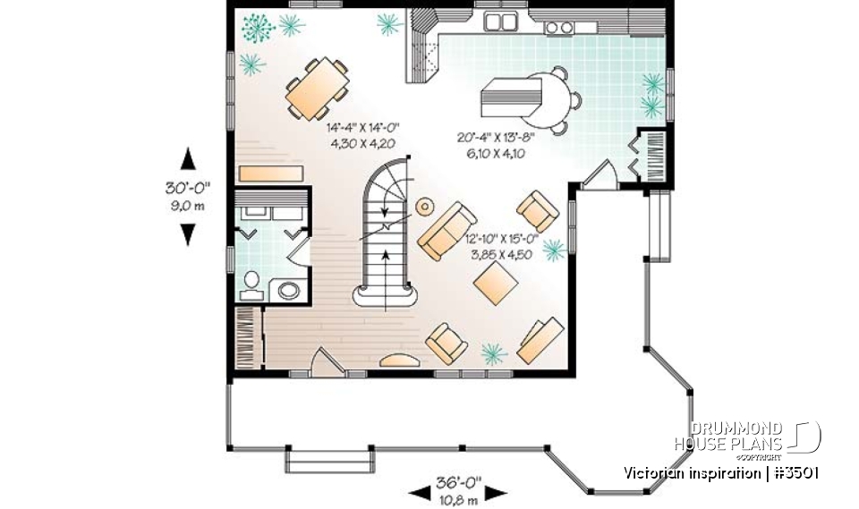 1st level - Country style two-story home plan, 3 bedrooms, great porch, laundry room on main floor - Victorian inspiration