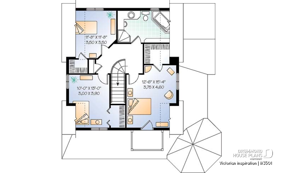 2nd level - Country style two-story home plan, 3 bedrooms, great porch, laundry room on main floor - Victorian inspiration