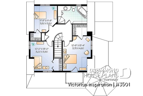 2nd level - Country style two-story home plan, 3 bedrooms, great porch, laundry room on main floor - Victorian inspiration