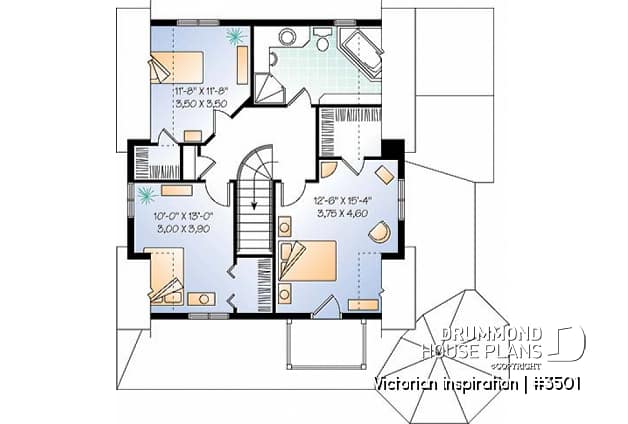 2nd level - Victorian inspired two-story home plan, 3 bedrooms, great porch, laundry room on main floor - Victorian inspiration