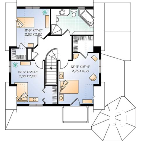 2nd level - Country style two-story home plan, 3 bedrooms, great porch, laundry room on main floor - Victorian inspiration