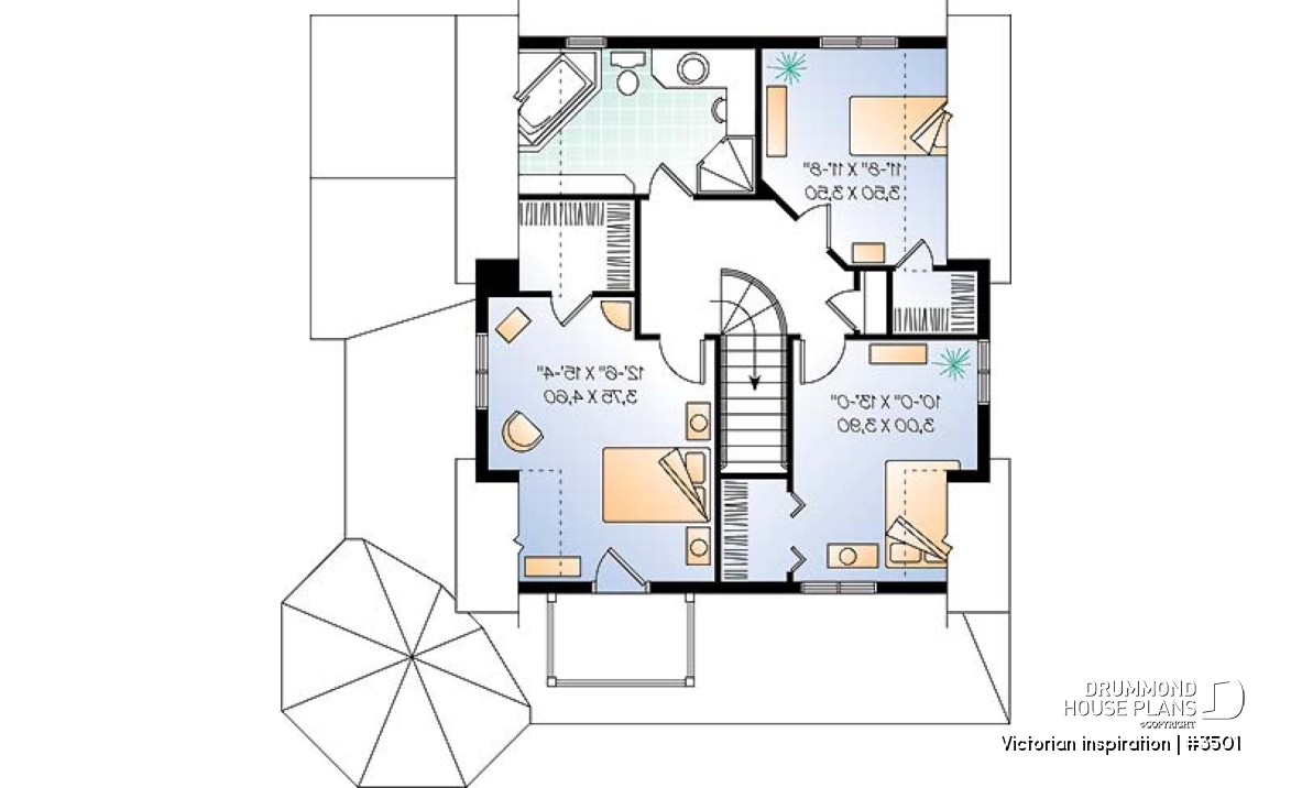 2nd level - Country style two-story home plan, 3 bedrooms, great porch, laundry room on main floor - Victorian inspiration