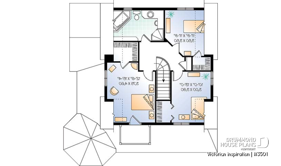 2nd level - Country style two-story home plan, 3 bedrooms, great porch, laundry room on main floor - Victorian inspiration