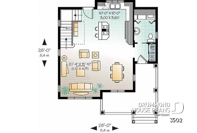 1st level - 2 bedroom Tudor house plan, open floor plan concept, covered front balcony, reading room in second floor - Arnaud