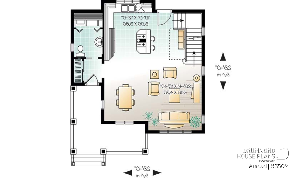 1st level - 2 bedroom Tudor house plan, open floor plan concept, covered front balcony, reading room in second floor - Arnaud