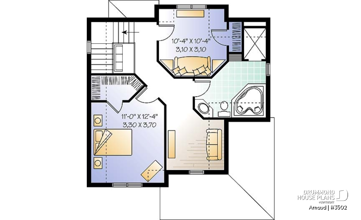 2nd level - 2 bedroom Tudor house plan, open floor plan concept, covered front balcony, reading room in second floor - Arnaud