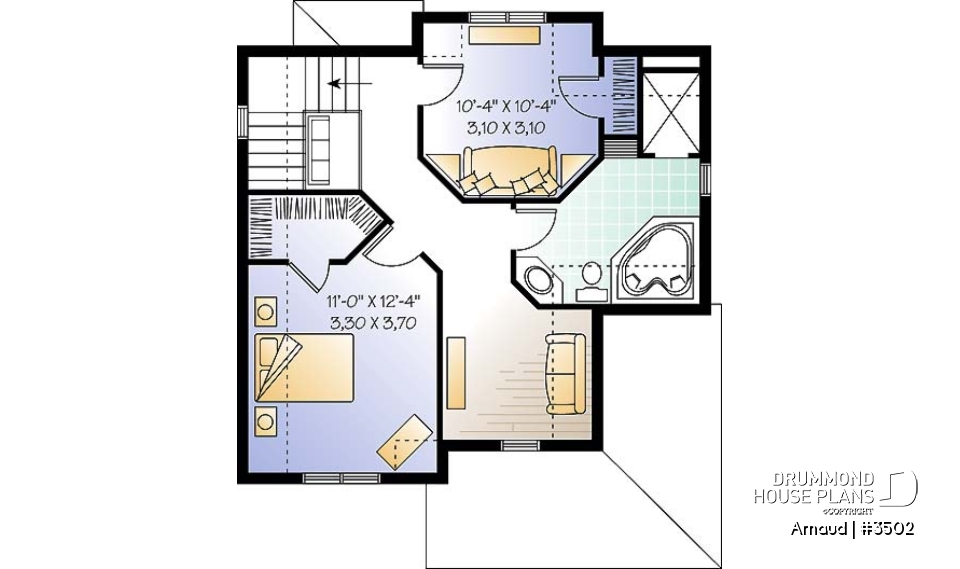 2nd level - 2 bedroom Tudor house plan, open floor plan concept, covered front balcony, reading room in second floor - Arnaud