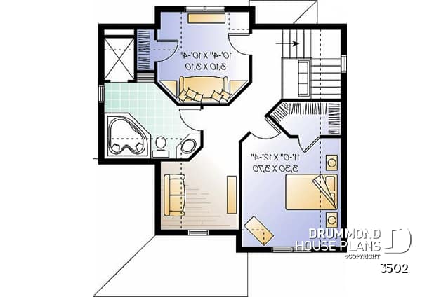 2nd level - 2 bedroom Tudor house plan, open floor plan concept, covered front balcony, reading room in second floor - Arnaud