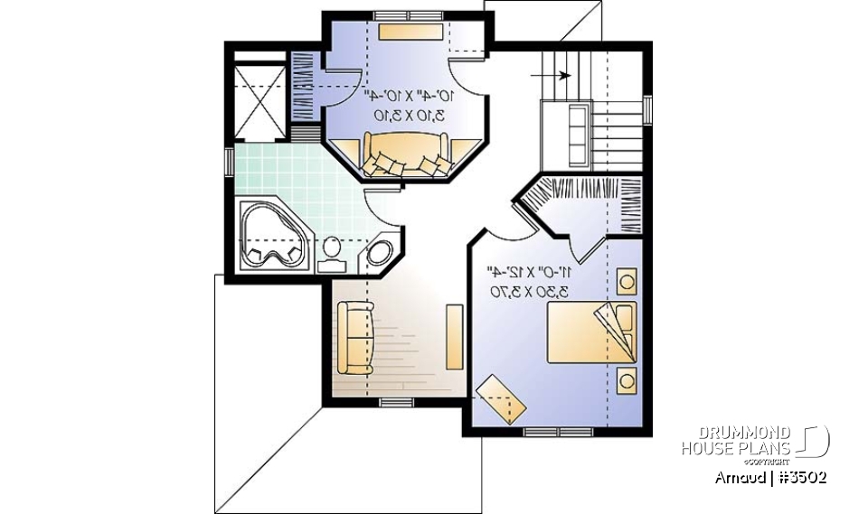 2nd level - 2 bedroom Tudor house plan, open floor plan concept, covered front balcony, reading room in second floor - Arnaud