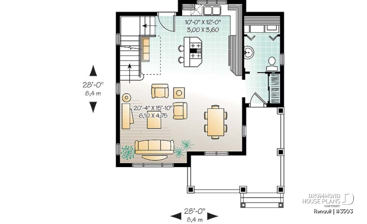 1st level - Tudor home plan with open floor plan concept, budget-friendly 3 bedroom house plan - Renault