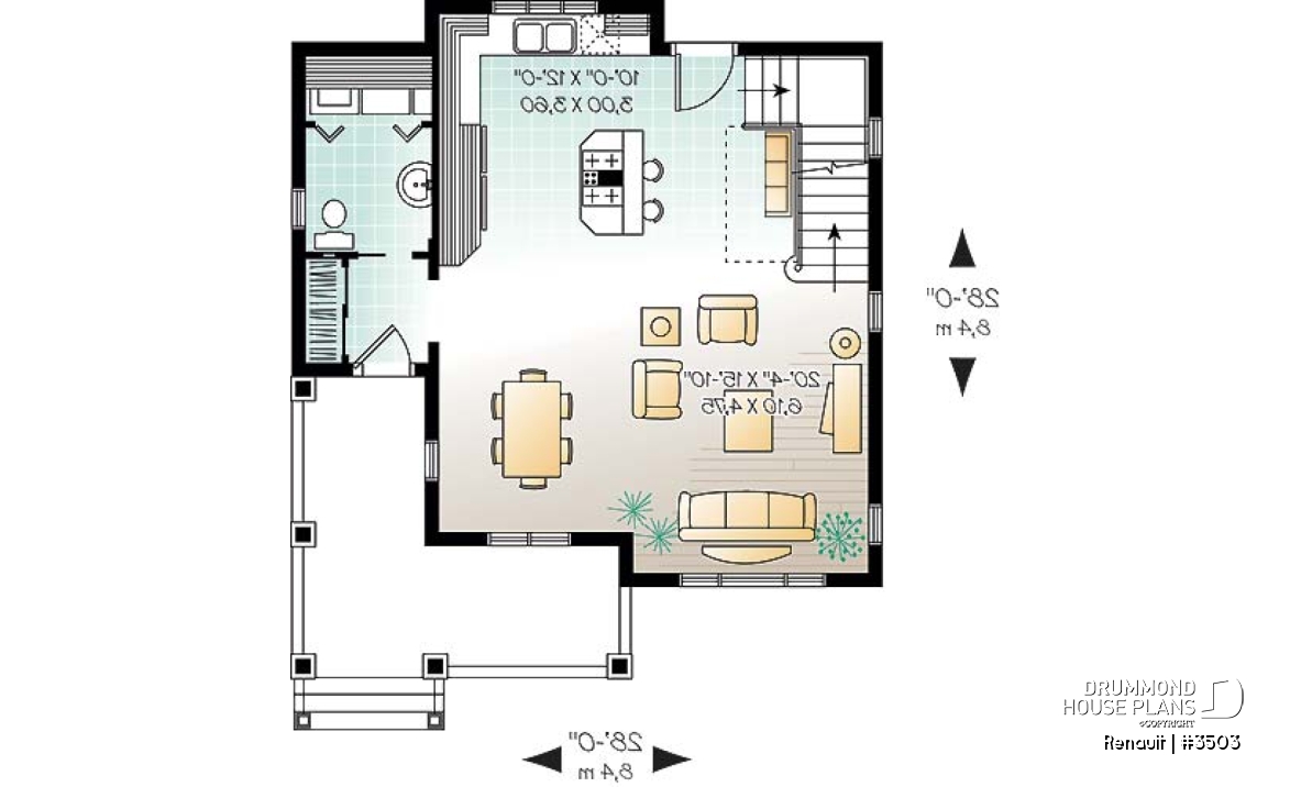 1st level - Tudor home plan with open floor plan concept, budget-friendly 3 bedroom house plan - Renault