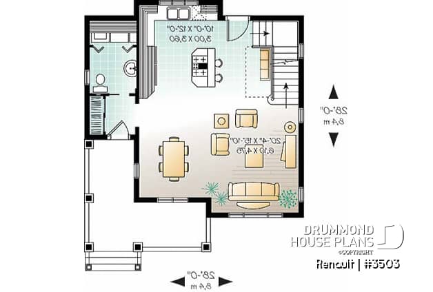 1st level - Tudor home plan with open floor plan concept, budget-friendly 3 bedroom house plan - Renault