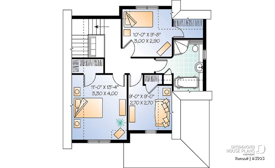 2nd level - Tudor home plan with open floor plan concept, budget-friendly 3 bedroom house plan - Renault