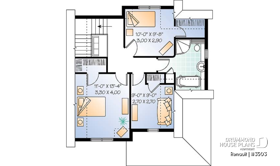 2nd level - Tudor home plan with open floor plan concept, budget-friendly 3 bedroom house plan - Renault