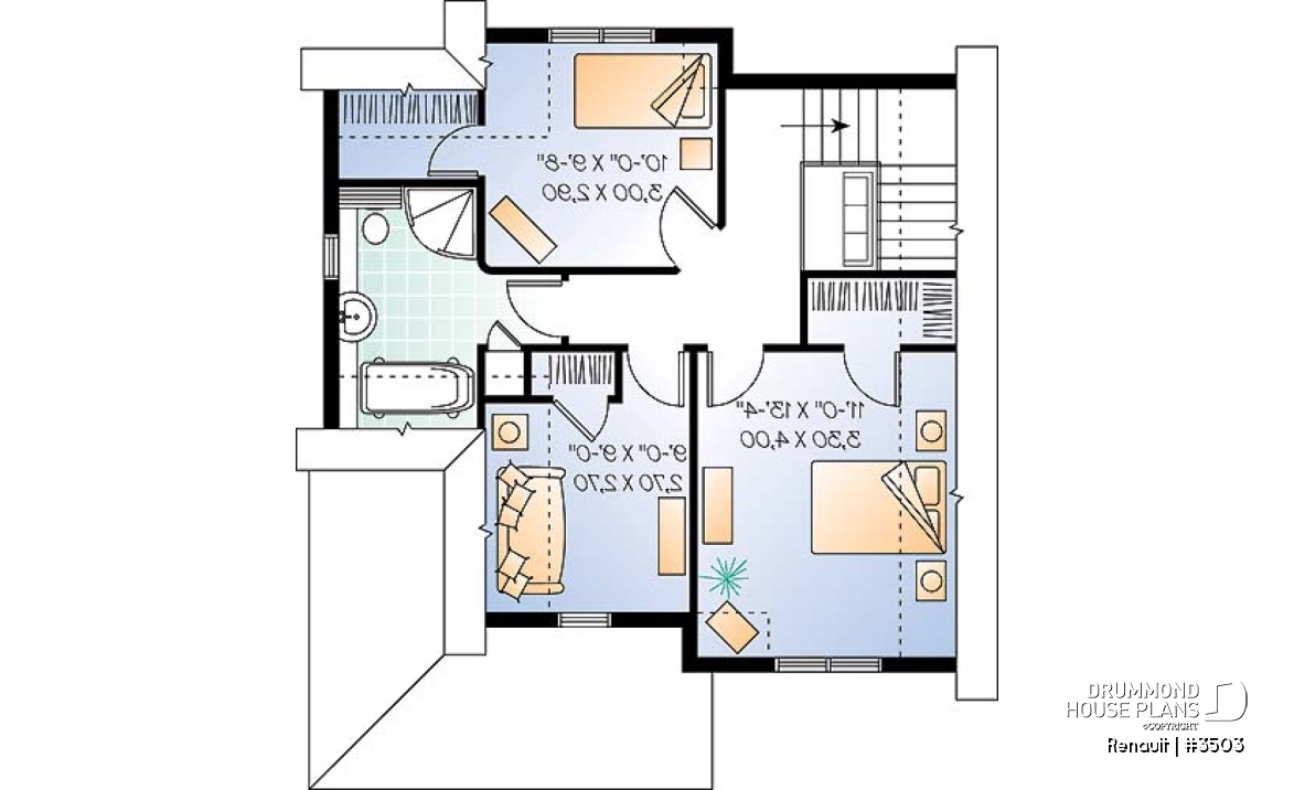 2nd level - Tudor home plan with open floor plan concept, budget-friendly 3 bedroom house plan - Renault