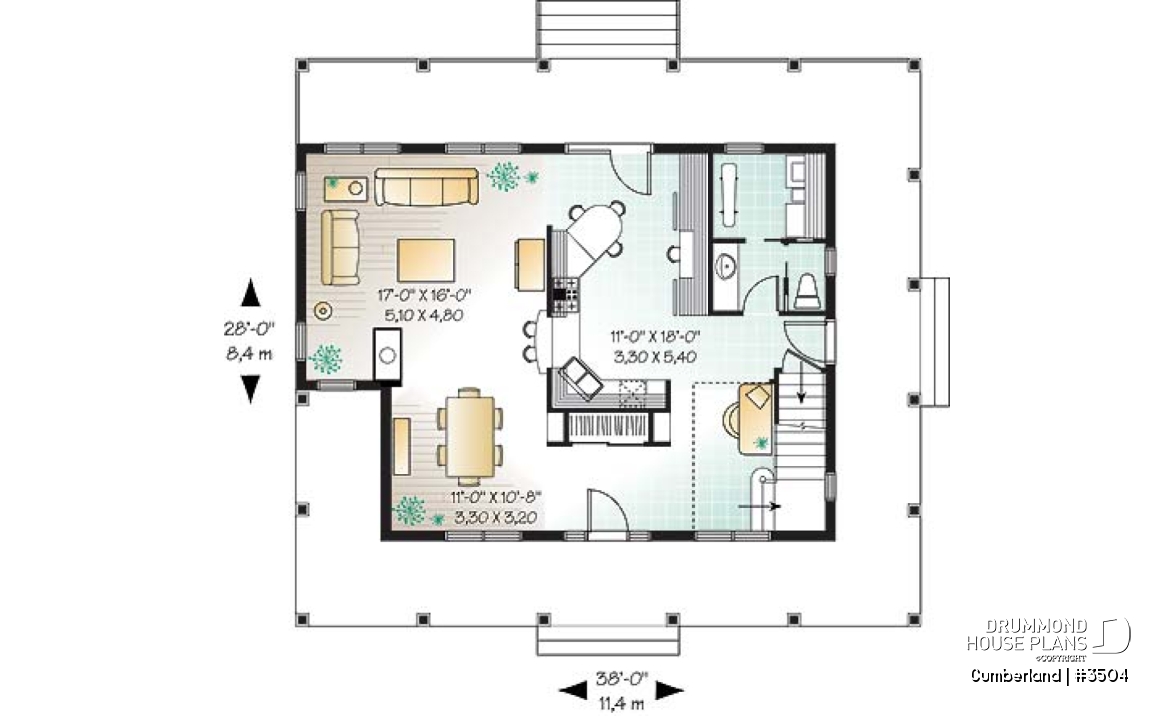 1st level - Lakefront country farmhouse cottage house plan, wraparound porch, great floor plan &amp; double sided fireplace - Cumberland