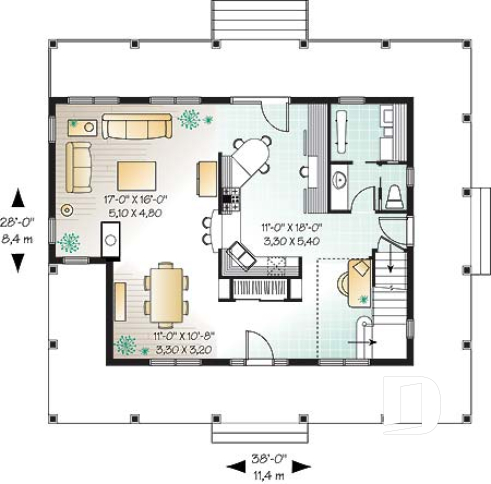 1st level - Lakefront country farmhouse cottage house plan, wraparound porch, great floor plan & double sided fireplace - Cumberland