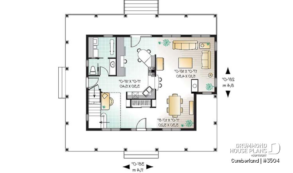 1st level - Lakefront country farmhouse cottage house plan, wraparound porch, great floor plan &amp; double sided fireplace - Cumberland
