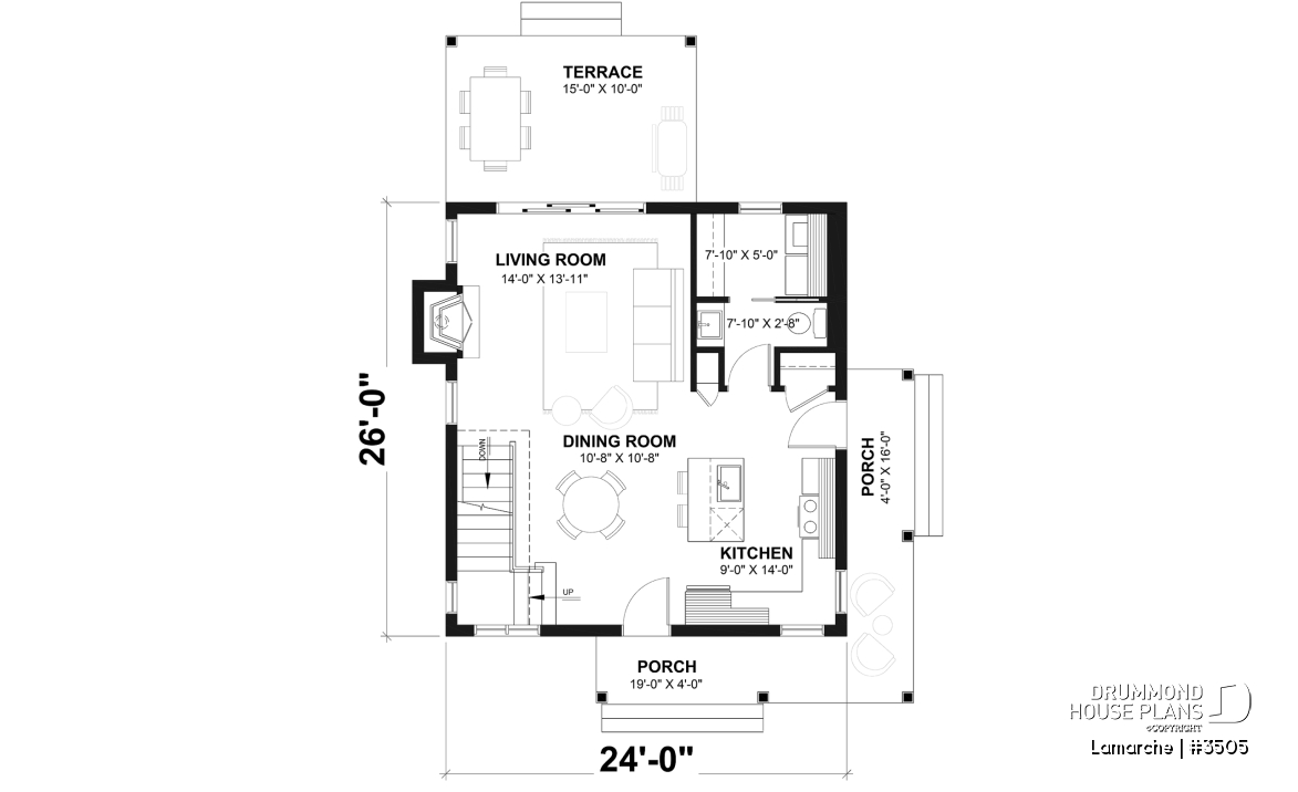 1st level - Small country house plan with wraparound porch on two sides, 2 bedrooms, abundant windows and fireplace - Lamarche