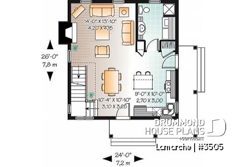 1st level - Affordable first home, transitional house plan with scandinavian feel,, covered porch, fireplace,  - Lamarche