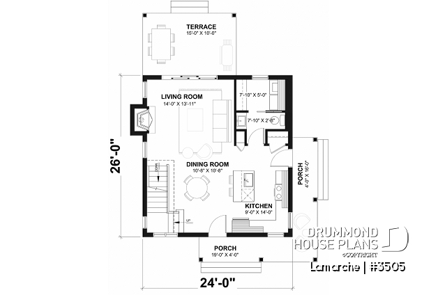1st level - Affordable first home, Country style house plan, covered porch, fireplace, open floor plan - Lamarche