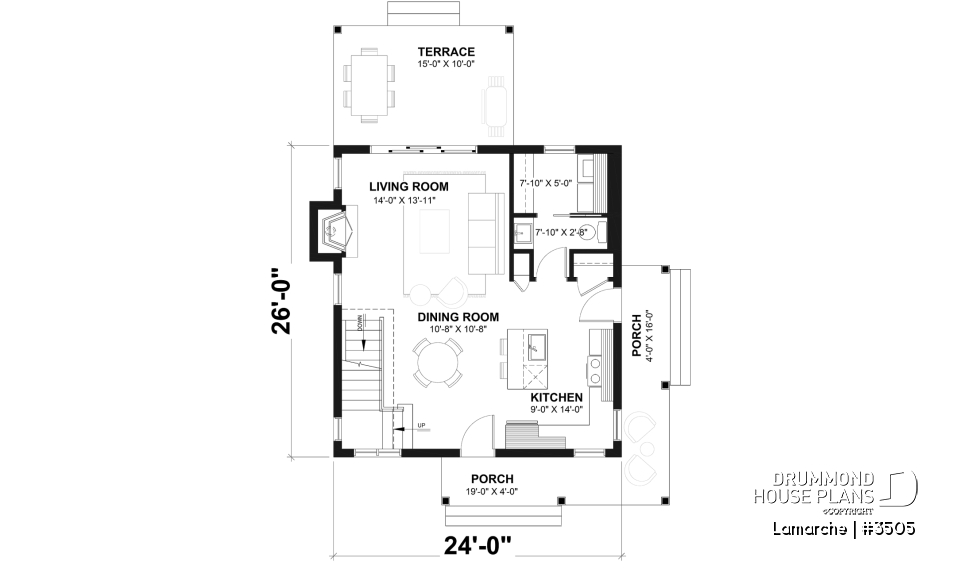 1st level - Small country house plan with wraparound porch on two sides, 2 bedrooms, abundant windows and fireplace - Lamarche