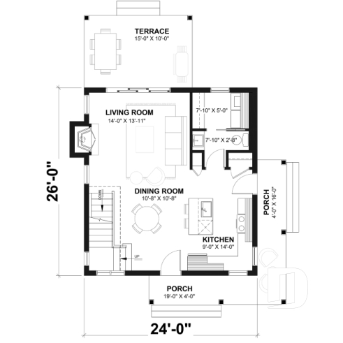 1st level - Small country house plan with wraparound porch on two sides, 2 bedrooms, abundant windows and fireplace - Lamarche
