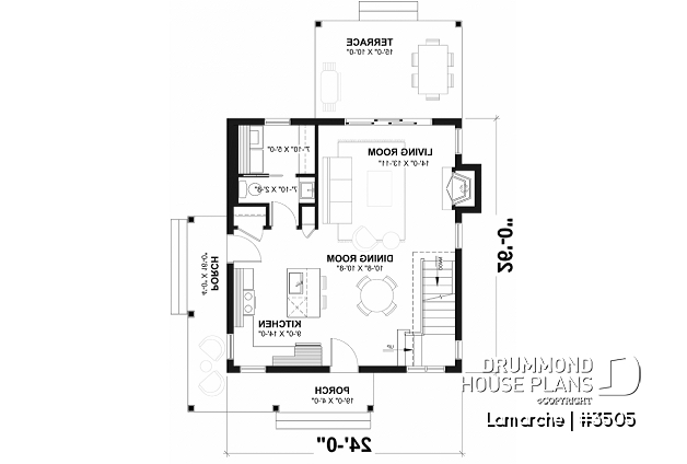 1st level - Affordable first home, Country style house plan, covered porch, fireplace, open floor plan - Lamarche