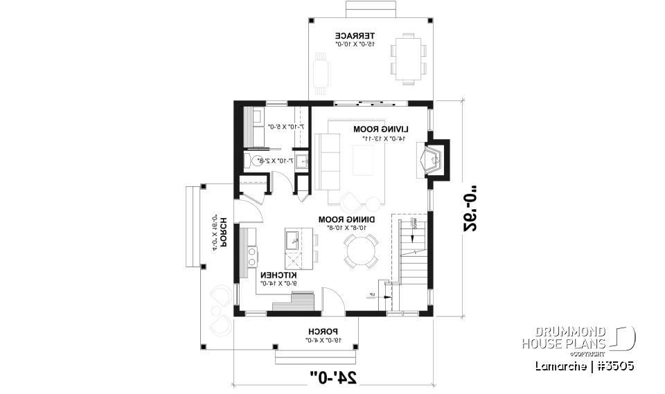 1st level - Small country house plan with wraparound porch on two sides, 2 bedrooms, abundant windows and fireplace - Lamarche