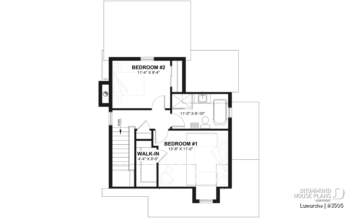 2nd level - Small country house plan with wraparound porch on two sides, 2 bedrooms, abundant windows and fireplace - Lamarche