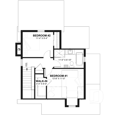2nd level - Small country house plan with wraparound porch on two sides, 2 bedrooms, abundant windows and fireplace - Lamarche
