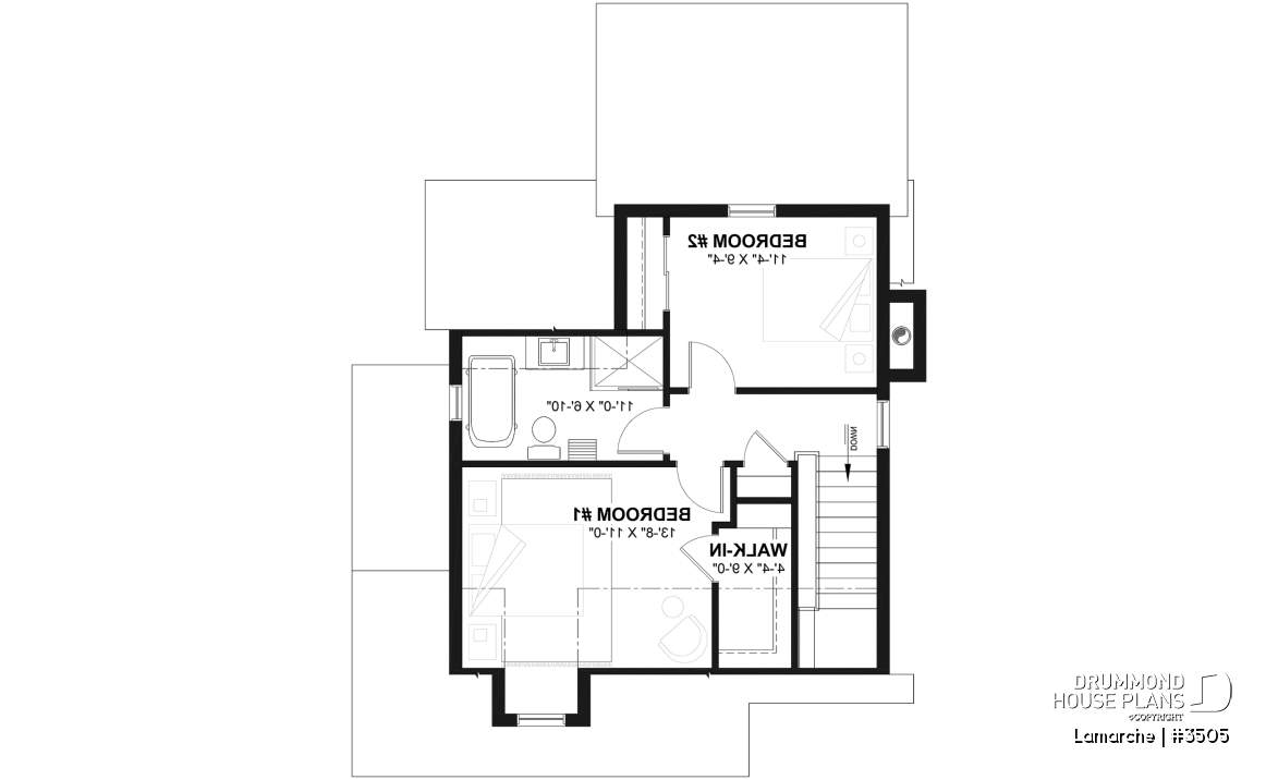 2nd level - Small country house plan with wraparound porch on two sides, 2 bedrooms, abundant windows and fireplace - Lamarche
