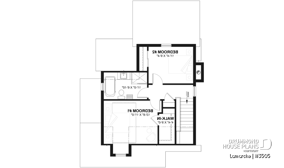2nd level - Small country house plan with wraparound porch on two sides, 2 bedrooms, abundant windows and fireplace - Lamarche